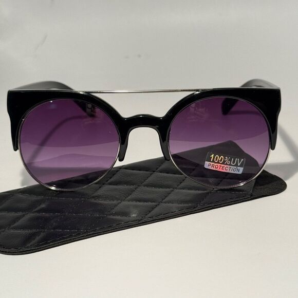 1642 NEW Black Cat Eye Sunglasses Round Lens Eyebrow 100% UV Protection Retro main image 4
